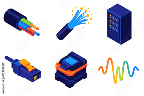 Fiber Optics Icons. Isometric vector illustration set Fiber Optics Transmission: optical fiber cable, glowing light pulses, data
