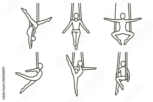 Aerial Silk Icons. Line style icons of intermediate aerial silk moves: inverted split hang, double wrap descent, open straddle