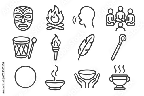 Ceremonial Icons Collection. Line style icons of Traditional Ceremony: Mask, Sacred Fire, Chant, Community Gathering; Drum, Torch,