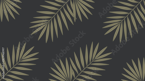A dark background with a pattern of light green palm leaves scattered across the entire surface area here