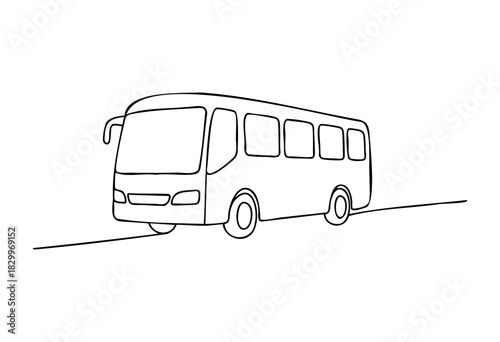 A minimalist black outline drawing of a bus, depicted from a three-quarter front view, driving on a road with a single line indicating the path.