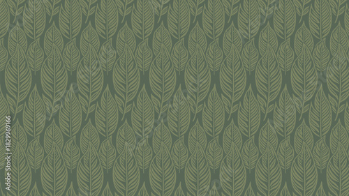 A repeating pattern of green leaves with detailed veins arranged closely together on a green background
