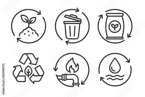 Circular Farming Icons. Line style icons of circular farming practices: compost back into growth, waste collection bin, organic