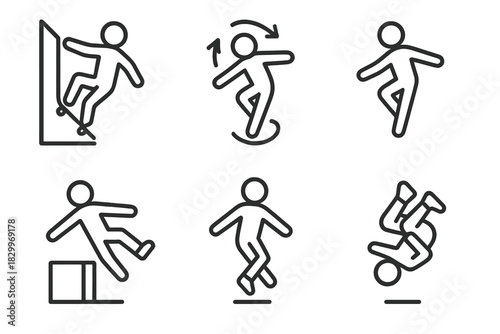 Trick Icons Showcase. Line style icons of unique tricks: wallride turn, spin jump form, one-foot land, obstacle vault pose,