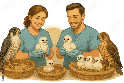 Falcons in Nurturing Care. Conservation center with falcons in cozy nests, vets smiling with gentle care, and chicks glowing with