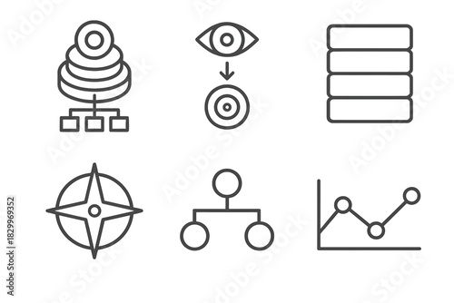 Strategic Alignment Icons. Line style icons of Strategic Alignment: layered objectives icon, vision to metric flow, initiative