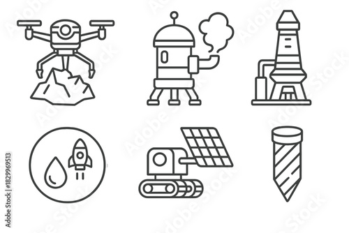 Terraforming Resource Icons. Line style icons of resource extraction for terraforming: ice mining drone, gas extractor unit,