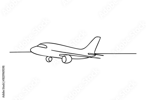 A minimalist airplane illustration, depicted with a single continuous black line on a plain white background, representing travel and air transportation.