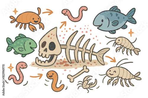 Deep-Sea Feeding Fun. Playful doodle deep-sea scavenger succession with happy fish and crustaceans, cartoon worms and amphipods