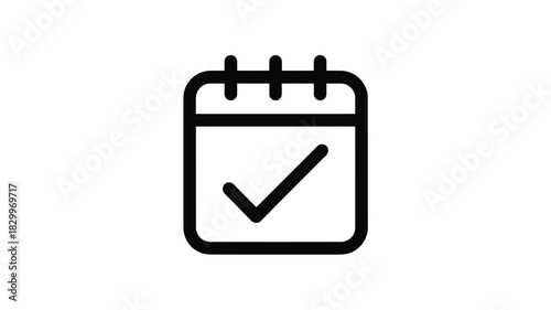 A simple black and white icon of a calendar with a check mark on the page representing completion