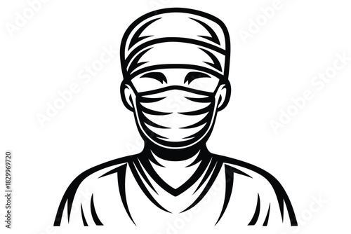 shows outlined medical professional wearing a surgical mask and cap for protection