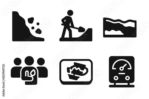 Disaster Archaeology Icons. Line style icons of Disaster Archaeology: ancient landslide trace, hillside excavation, displaced soil