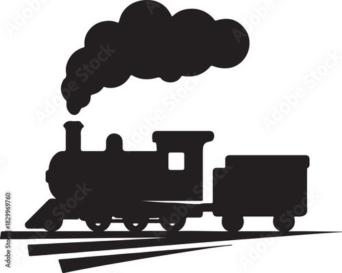 Classic steam train locomotive silhouette with smoke and tracks icon