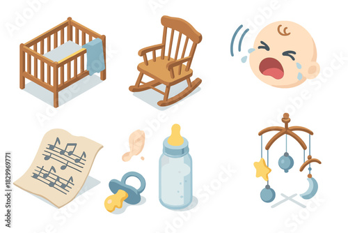 Spooky Nursery Scene. Isometric vector illustration set of Urban legends: empty crib with blanket, rocking chair moving, echoing