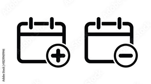 Two calendar icons in black outline with add and subtract symbols on a white background side by side