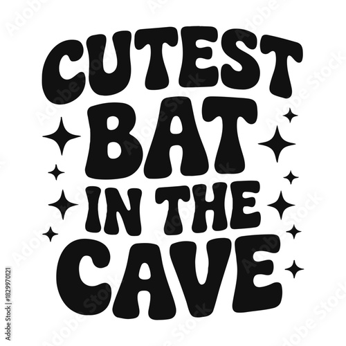 Cutes bat in the cave text with star accents in a bold retro style on a white isolated background