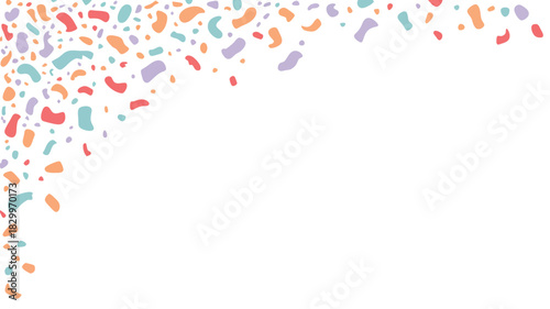 A scattered array of colorful confetti pieces in the upper left corner on a white background space