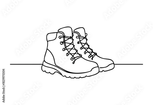 A pair of hiking boots, drawn in a continuous one-line art style with a black outline on a white background, featuring laces and thick soles.