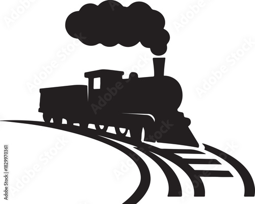 Old fashioned steam train silhouette on tracks with rising smoke