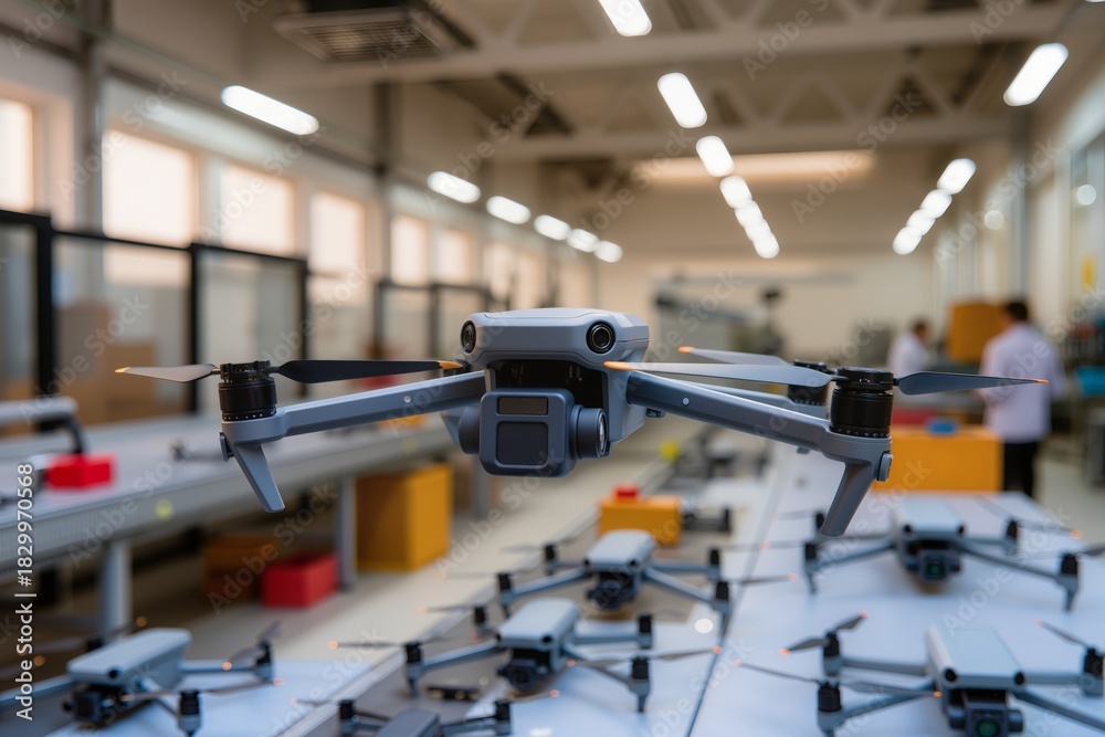 Fototapeta premium Drone on production line with workers discussing its features in a modern factory setting