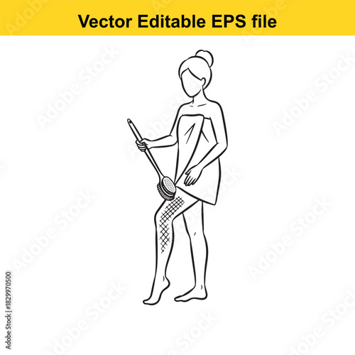 Outline drawing of a woman wrapped in a towel holding a wooden ladle for pouring water in a sauna or steam room, isolated on white background