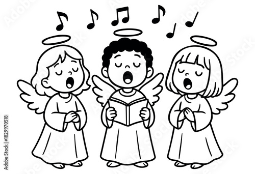 Three cartoon angels, two girls and one boy, joyously singing together as a choir, with musical notes floating above their heads, depicted in a simple black and white line art style.