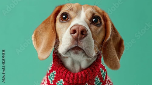 A beagle dog with brown and white fur wearing a festive red sweater. The background is a solid teal color, creating a cheerful holiday atmosphere.