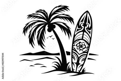 Silhouette depicts tropical island scenery with palm tree, birds, and decorated surfboard stands near grass