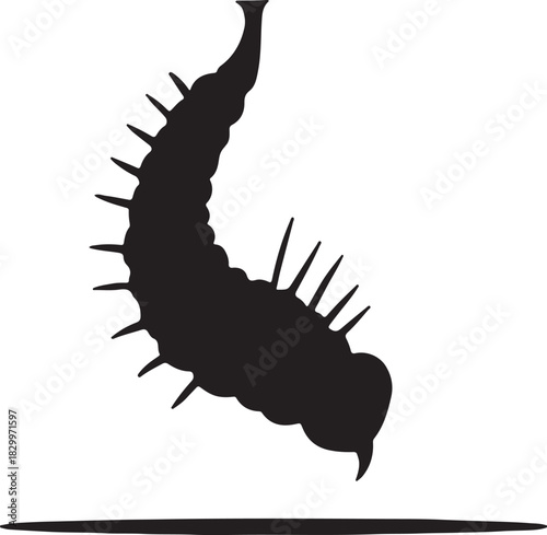 Black silhouette of a spiky caterpillar-like larva, isolated
