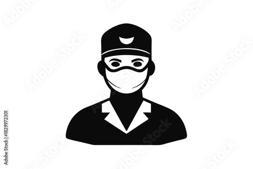 Silhouette illustration shows a doctor or medical worker wearing a mask and hat