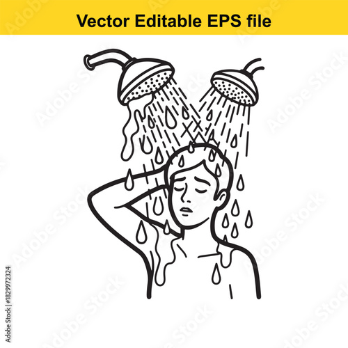 Outline vector illustration of a person taking a shower with two showerheads, isolated on white background