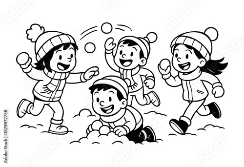 Four cheerful kids engaged in a lively snowball fight in winter, featuring two boys and two girls playing happily in the snow.