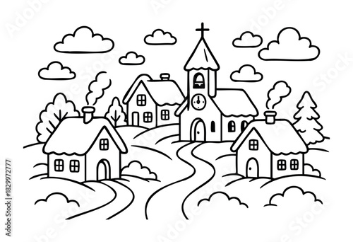 A simple black and white line art illustration of a cozy village featuring multiple houses, a church with a cross and clock, winding paths, trees, and clouds in the sky.