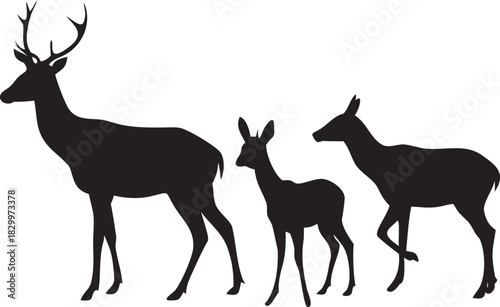Wildlife deer family silhouettes featuring stag, doe, and fawn