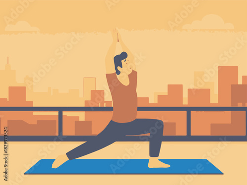 Man practicing yoga warrior pose on rooftop overlooking city scape