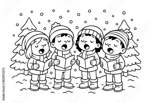 Four diverse cartoon children joyfully singing Christmas carols from open songbooks, dressed in warm winter clothing, standing in a snowy landscape with evergreen trees and falling snowflakes.