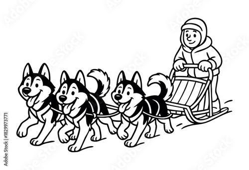 A dog sledding team featuring three happy husky dogs pulling a sled with a smiling musher, rendered in a cheerful black and white cartoon line art style.
