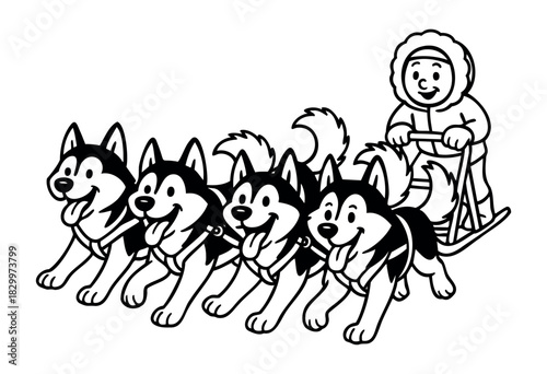 A dog sledding team featuring three happy husky dogs pulling a sled with a smiling musher, rendered in a cheerful black and white cartoon line art style.