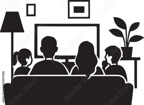 Family sitting on sofa watching television together at home