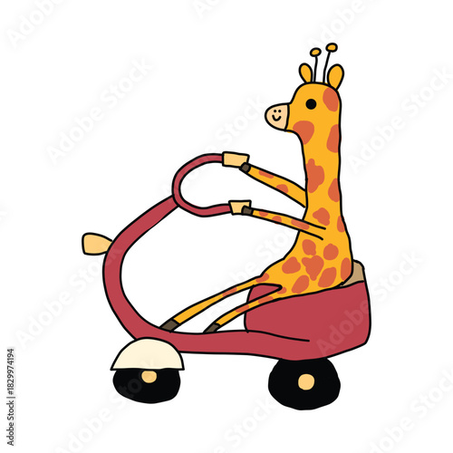 kids drawing giraffe riding scooter illustration