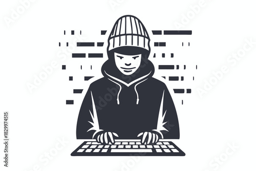 Silhouette portrait presents a person in a beanie using a laptop on a desk