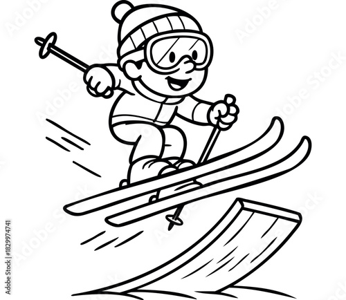 A happy cartoon child character, wearing winter clothes, hat, and goggles, jumping off a snow ramp on skis with ski poles, depicted in a bold black outline style.
