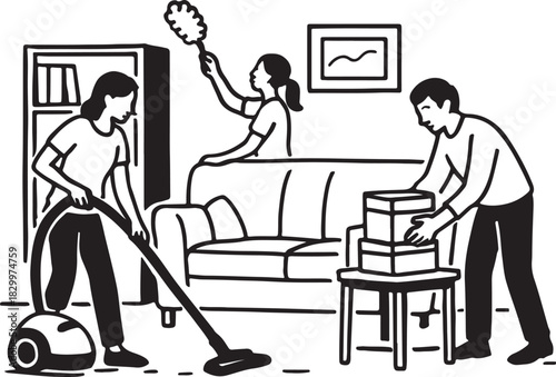 People cleaning house, vacuuming, dusting, organizing, teamwork