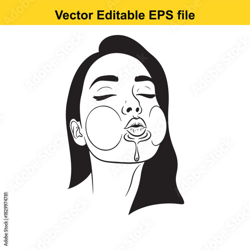 Black and white line art vector illustration of a woman blowing air into her cheeks with liquid dripping from her mouth, isolated on white background