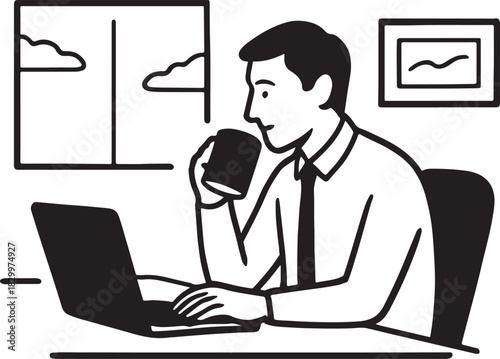 Dedicated professional working on laptop, enjoying coffee break