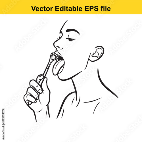 Line art vector drawing of a person cleaning their tongue with a tongue scraper for oral hygiene and fresh breath, isolated on white background