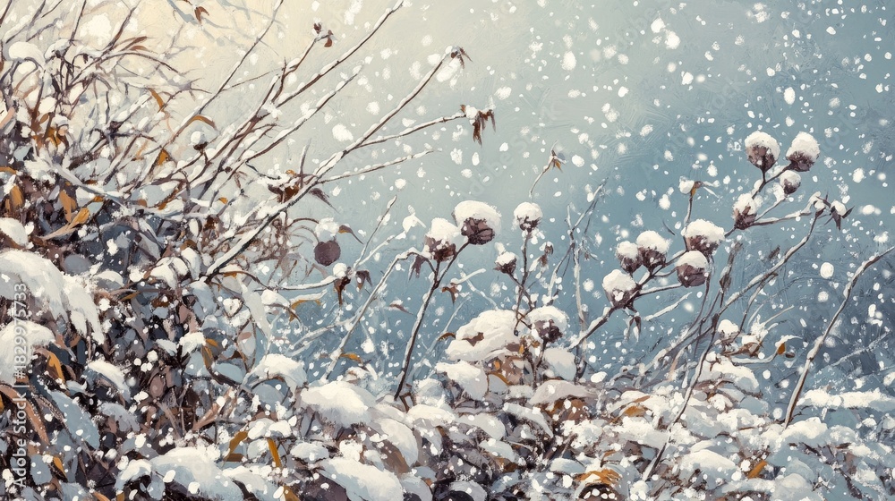 Fototapeta premium A stunning and breathtaking winter landscape showcasing snowladen branches along with lingering autumn leaves