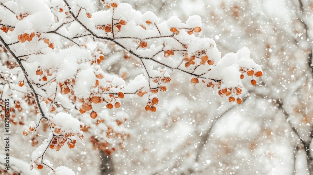 Fototapeta premium A stunning and breathtaking winter landscape showcasing snowladen branches along with lingering autumn leaves