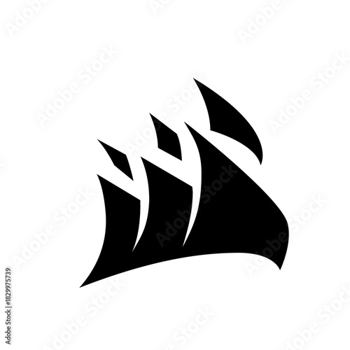 Black stylized sailing ship with three sails depicted against a white background in simple design