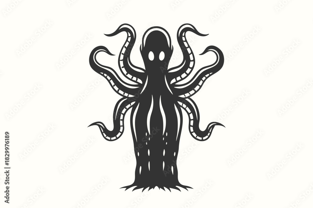 Obraz premium Silhouetted alienlike creature with tentacles and visible eyes, standing upright on a white background gives a spooky feeling